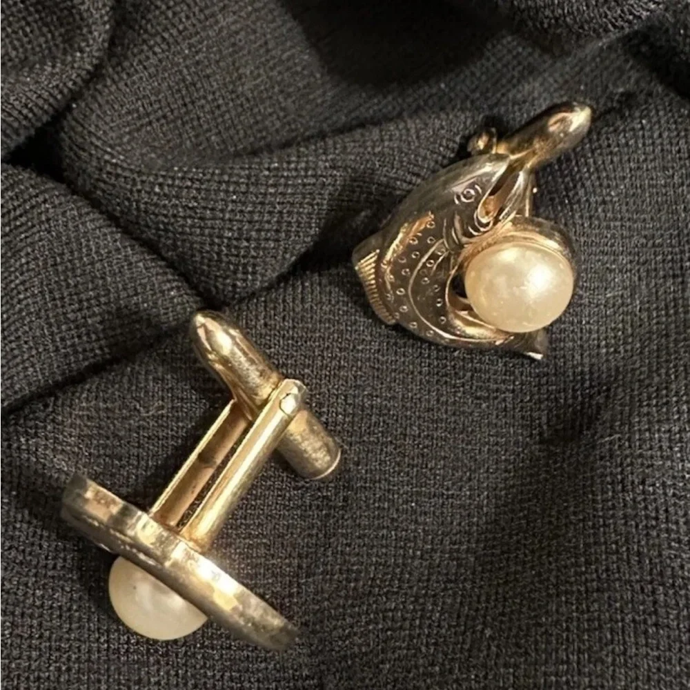 Gold color vintage swank fish ,Dolphin  Cuff links  with Pearls